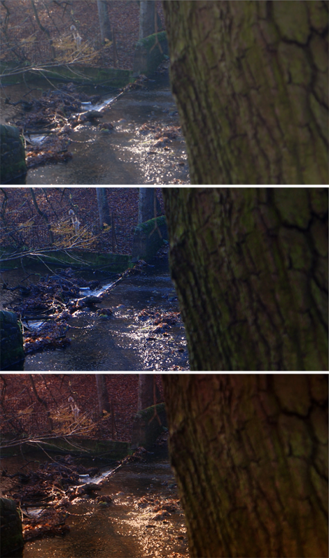 The top image is the original footage. The middle image is the same frame after grading and global tweaks have been applied. For reference,  the bottom shows the frame after all color correction